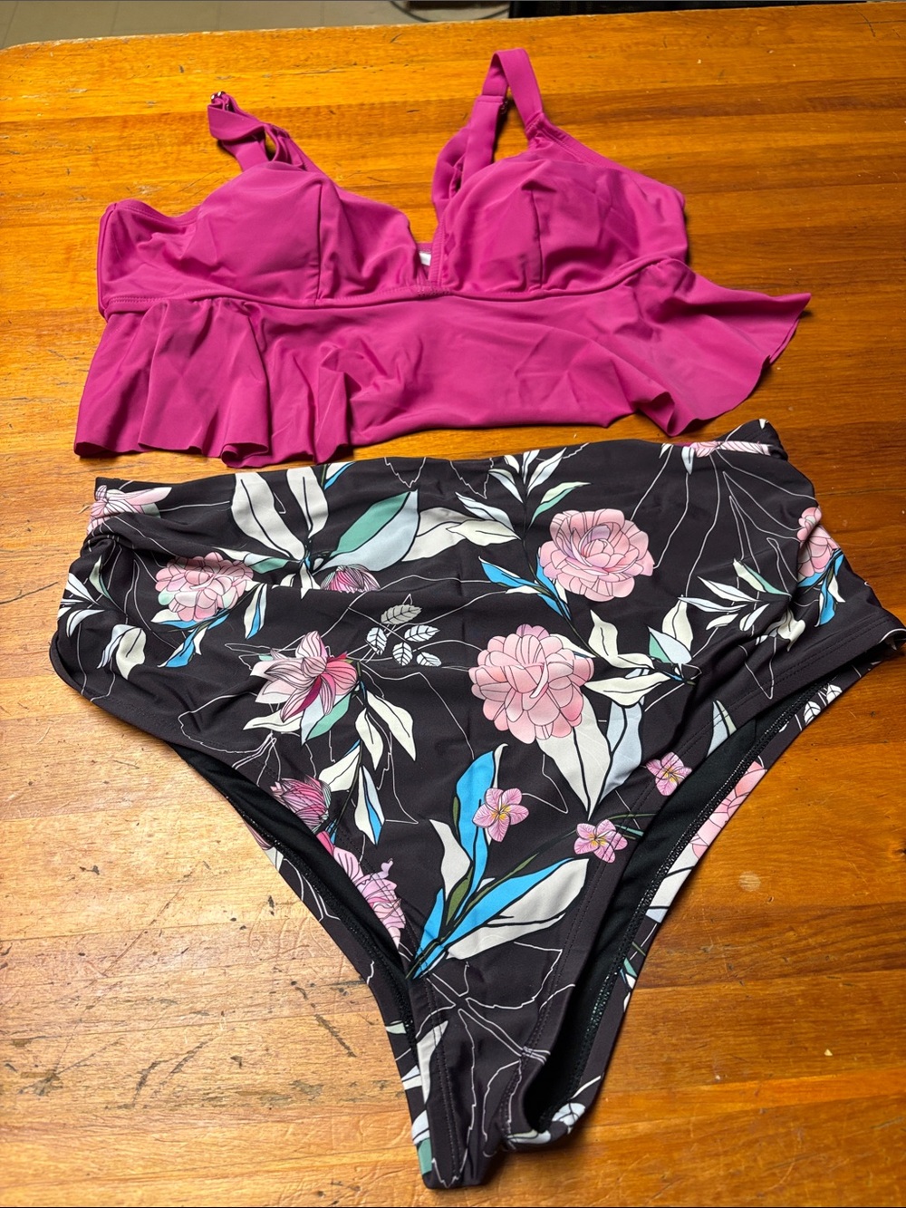 Women’s Fuchsia Ruffle Bikini Top with Black Floral High-Waist Bottom